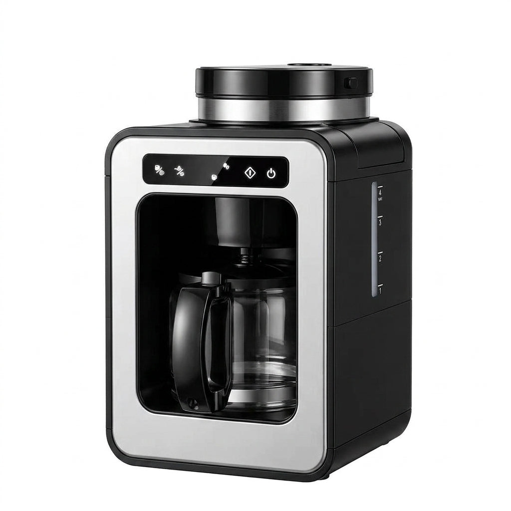 American-style Fully Automatic Coffee Maker – 600W, Insulated LCD Display, Built-in Grinder, Compact Design (6-10 Cups)