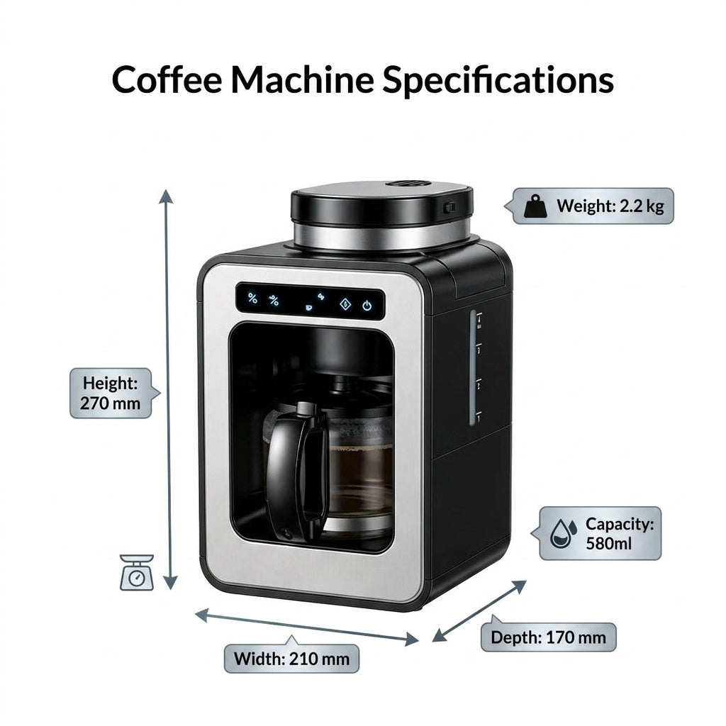 American-style Fully Automatic Coffee Maker – 600W, Insulated LCD Display, Built-in Grinder, Compact Design (6-10 Cups)