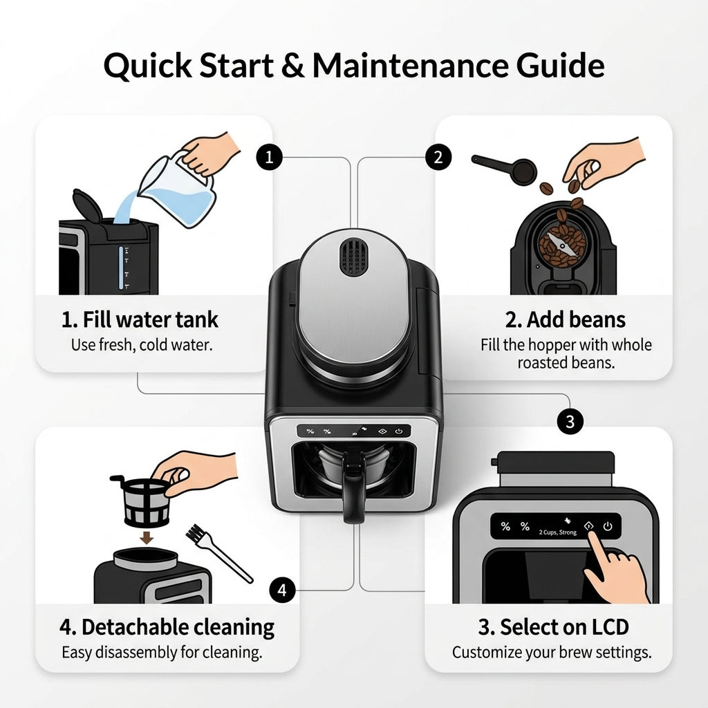 American-style Fully Automatic Coffee Maker – 600W, Insulated LCD Display, Built-in Grinder, Compact Design (6-10 Cups)