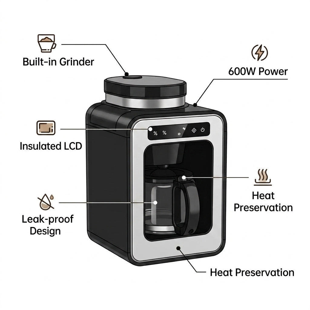 American-style Fully Automatic Coffee Maker – 600W, Insulated LCD Display, Built-in Grinder, Compact Design (6-10 Cups)