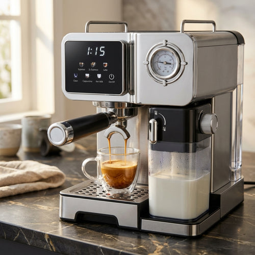 Italian Pump Stainless Steel Espresso Machine – 20 Bar, 1.6L Tank, Auto Milk Frother & LED Display for Household & Hotel