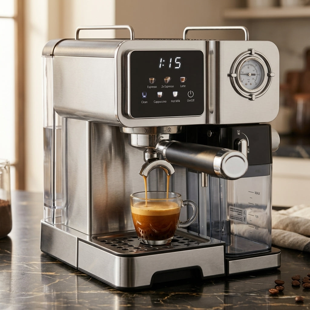 Italian Pump Stainless Steel Espresso Machine – 20 Bar, 1.6L Tank, Auto Milk Frother & LED Display for Household & Hotel