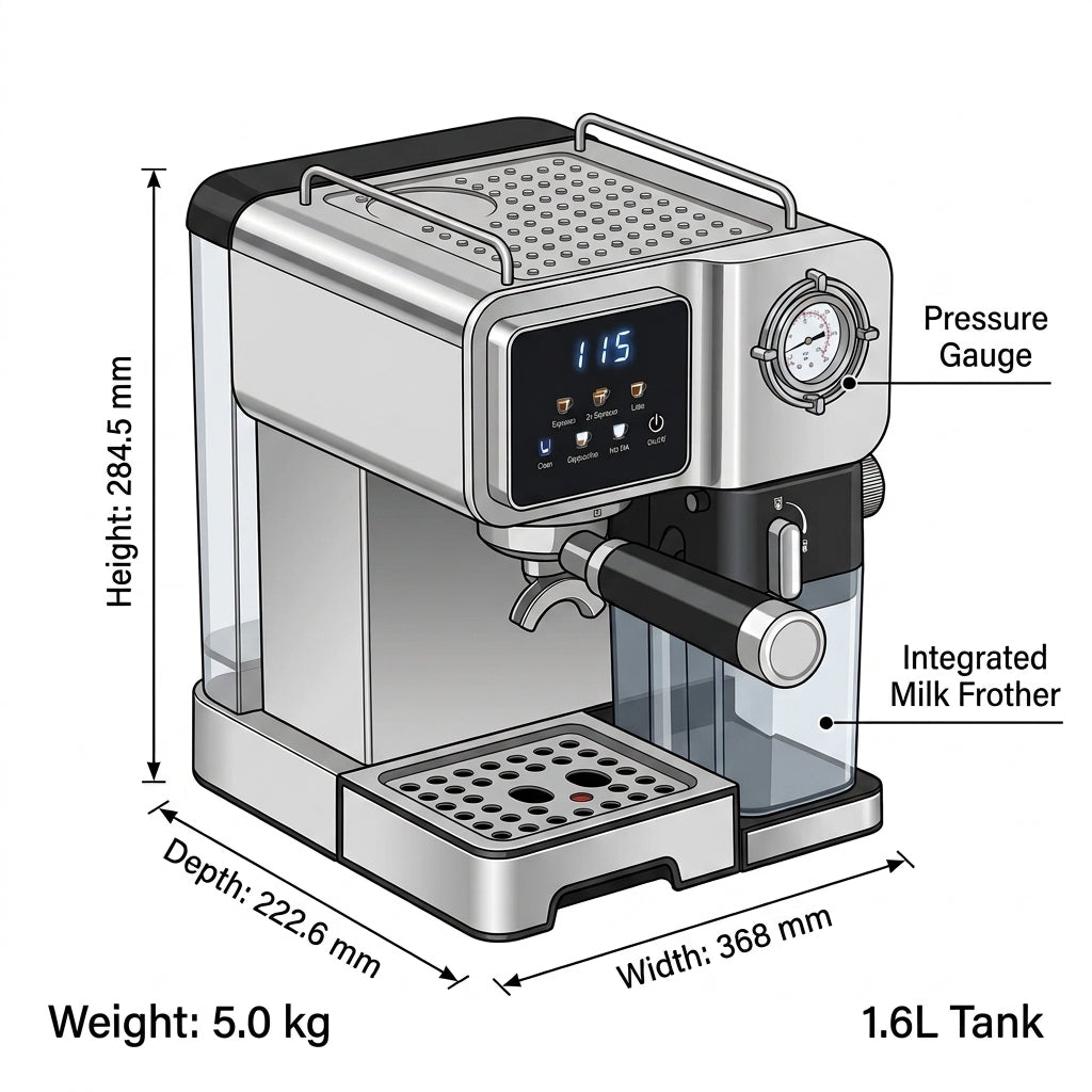 Italian Pump Stainless Steel Espresso Machine – 20 Bar, 1.6L Tank, Auto Milk Frother & LED Display for Household & Hotel