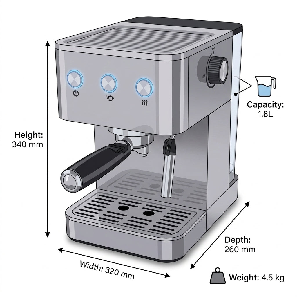 20 Bar S/S Cover Espresso Machine – 850W Manual Control with Auto Pressure Release & 1.8L Tank