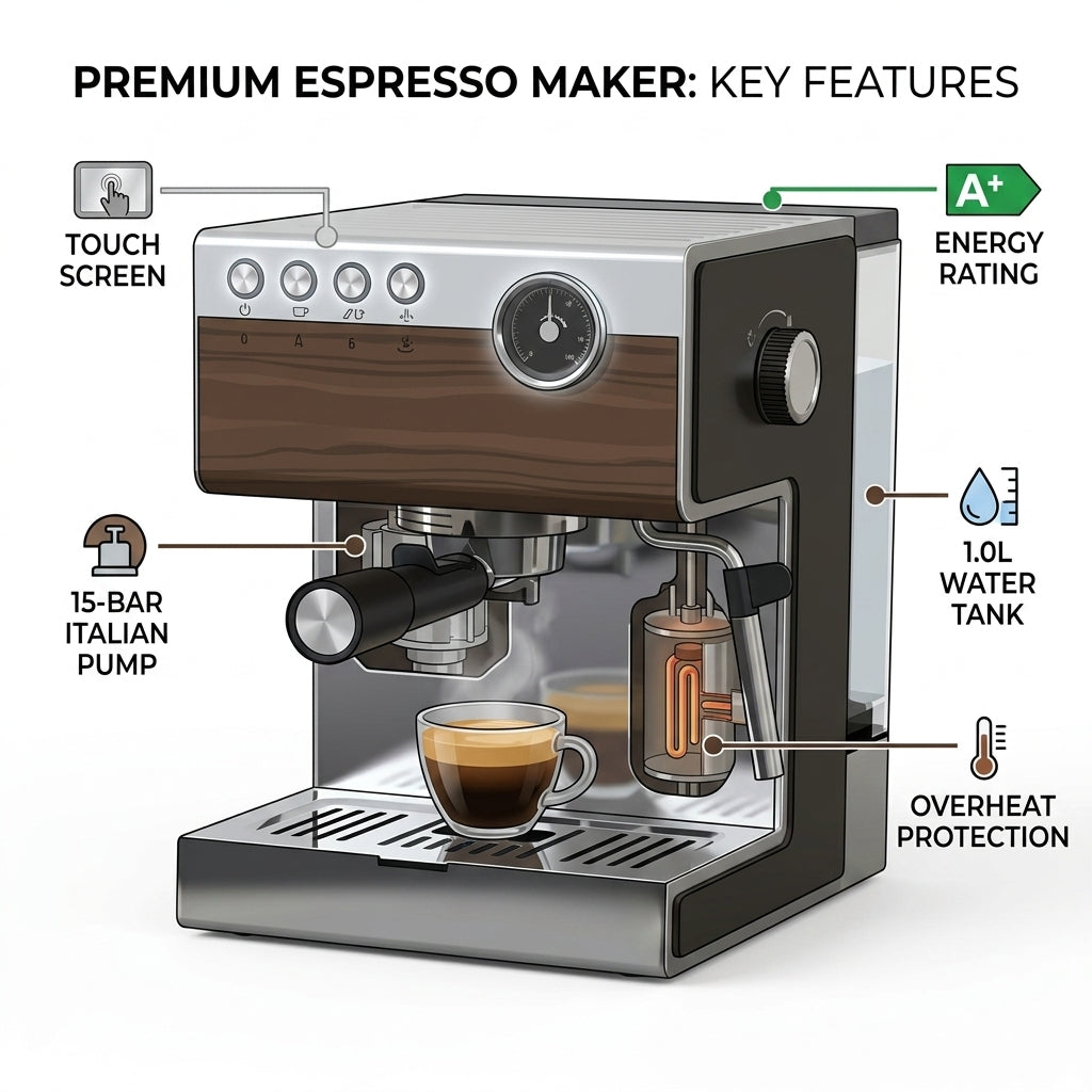 15-Bar Italian Pump Espresso Machine – 950W Touch Screen Coffee Maker with Temperature Dial & Overheat Protection
