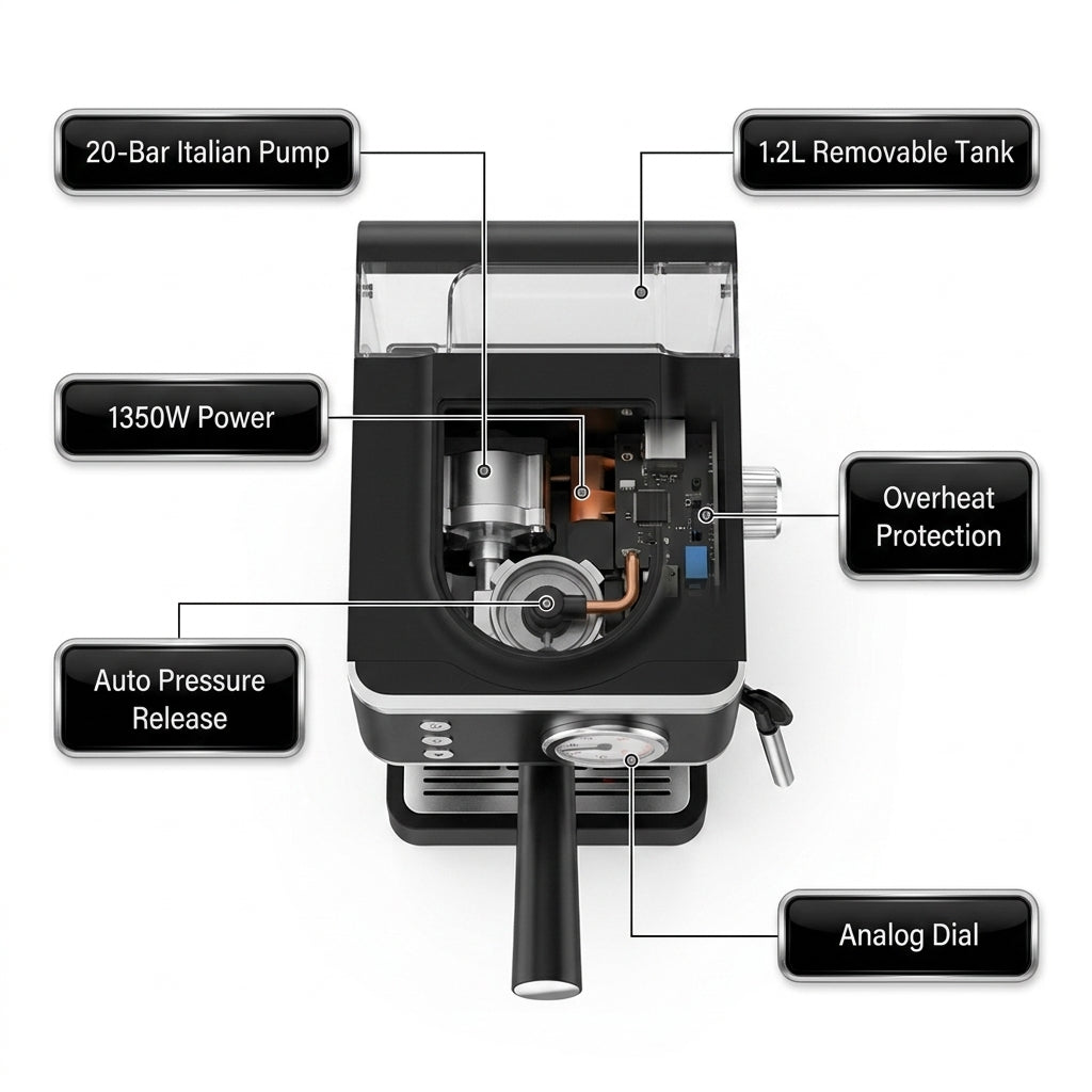 20-Bar Espresso Coffee Machine – 2-in-1 Coffee Maker & Milk Frother with 1350W, 1.2L Tank & Analog Dial