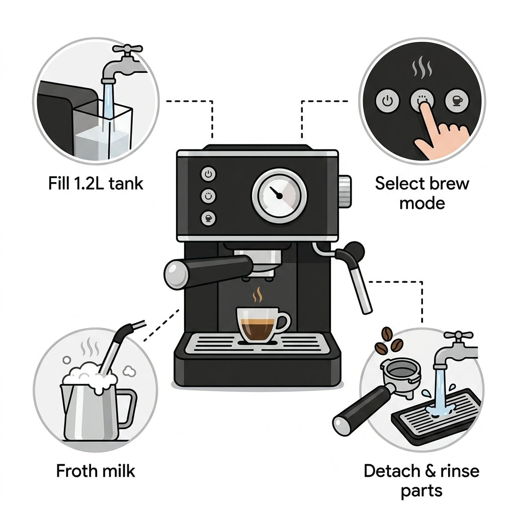 20-Bar Espresso Coffee Machine – 2-in-1 Coffee Maker & Milk Frother with 1350W, 1.2L Tank & Analog Dial