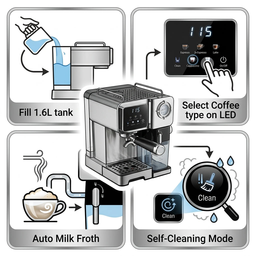 Italian Pump Stainless Steel Espresso Machine – 20 Bar, 1.6L Tank, Auto Milk Frother & LED Display for Household & Hotel