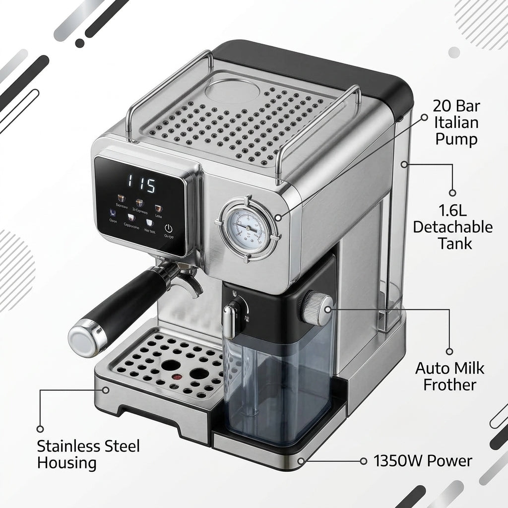 Italian Pump Stainless Steel Espresso Machine – 20 Bar, 1.6L Tank, Auto Milk Frother & LED Display for Household & Hotel