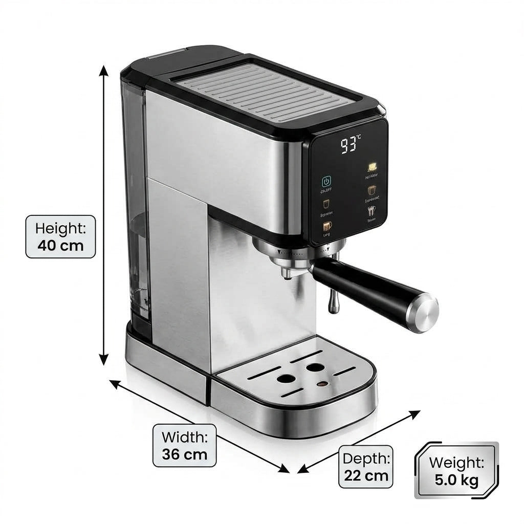 Italian Semi-Automatic Espresso Machine – 1350W Stainless Steel Housing with Steam Function for 3-5 Cups