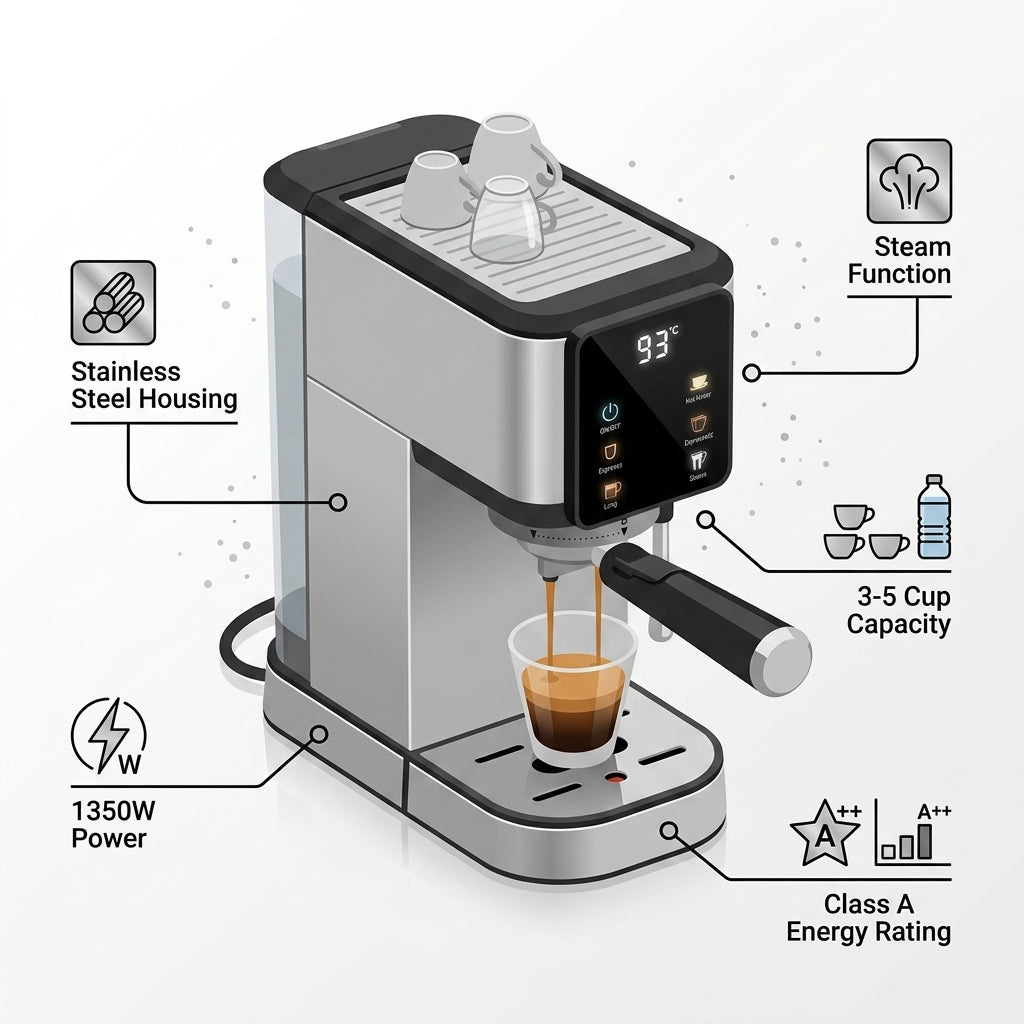 Italian Semi-Automatic Espresso Machine – 1350W Stainless Steel Housing with Steam Function for 3-5 Cups