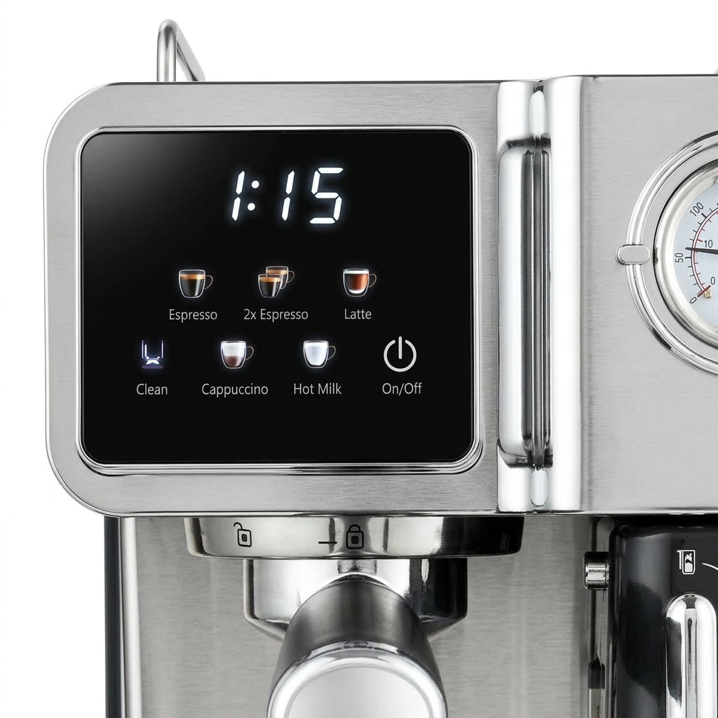 Italian Pump Stainless Steel Espresso Machine – 20 Bar, 1.6L Tank, Auto Milk Frother & LED Display for Household & Hotel