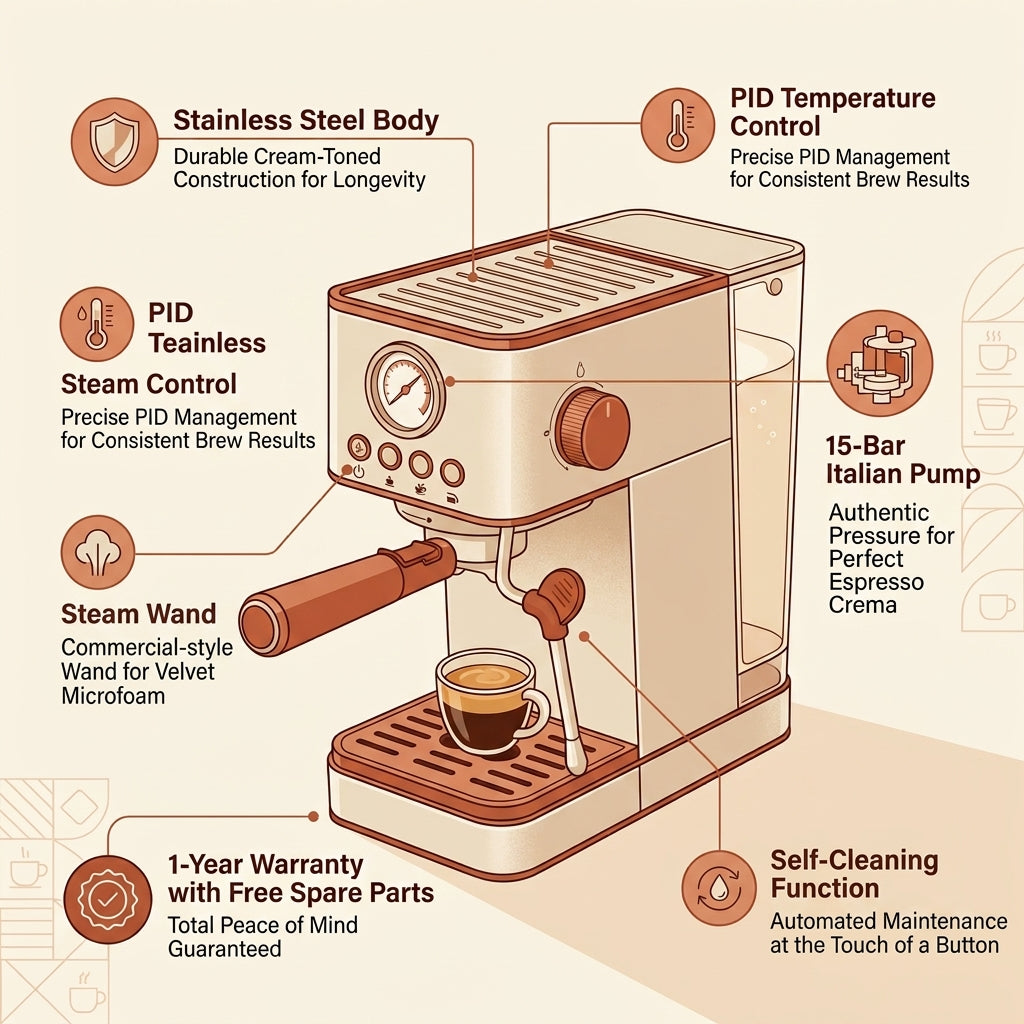 Portable 15-Bar Espresso Machine – Stainless Steel Italian-Style Brewer with Steam Function | Caffè Solare