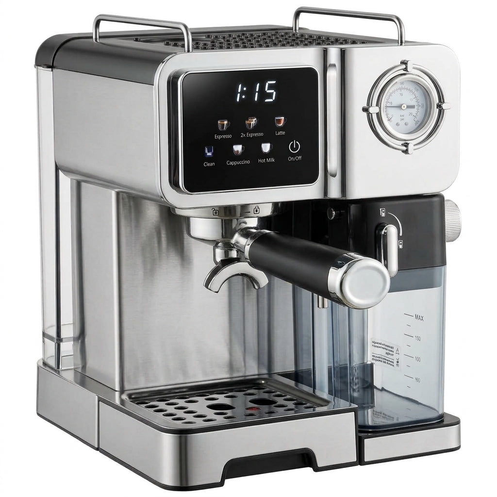 Italian Pump Stainless Steel Espresso Machine – 20 Bar, 1.6L Tank, Auto Milk Frother & LED Display for Household & Hotel