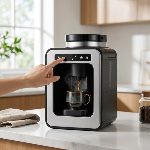 American-style Fully Automatic Coffee Maker – 600W, Insulated LCD Display, Built-in Grinder, Compact Design (6-10 Cups)