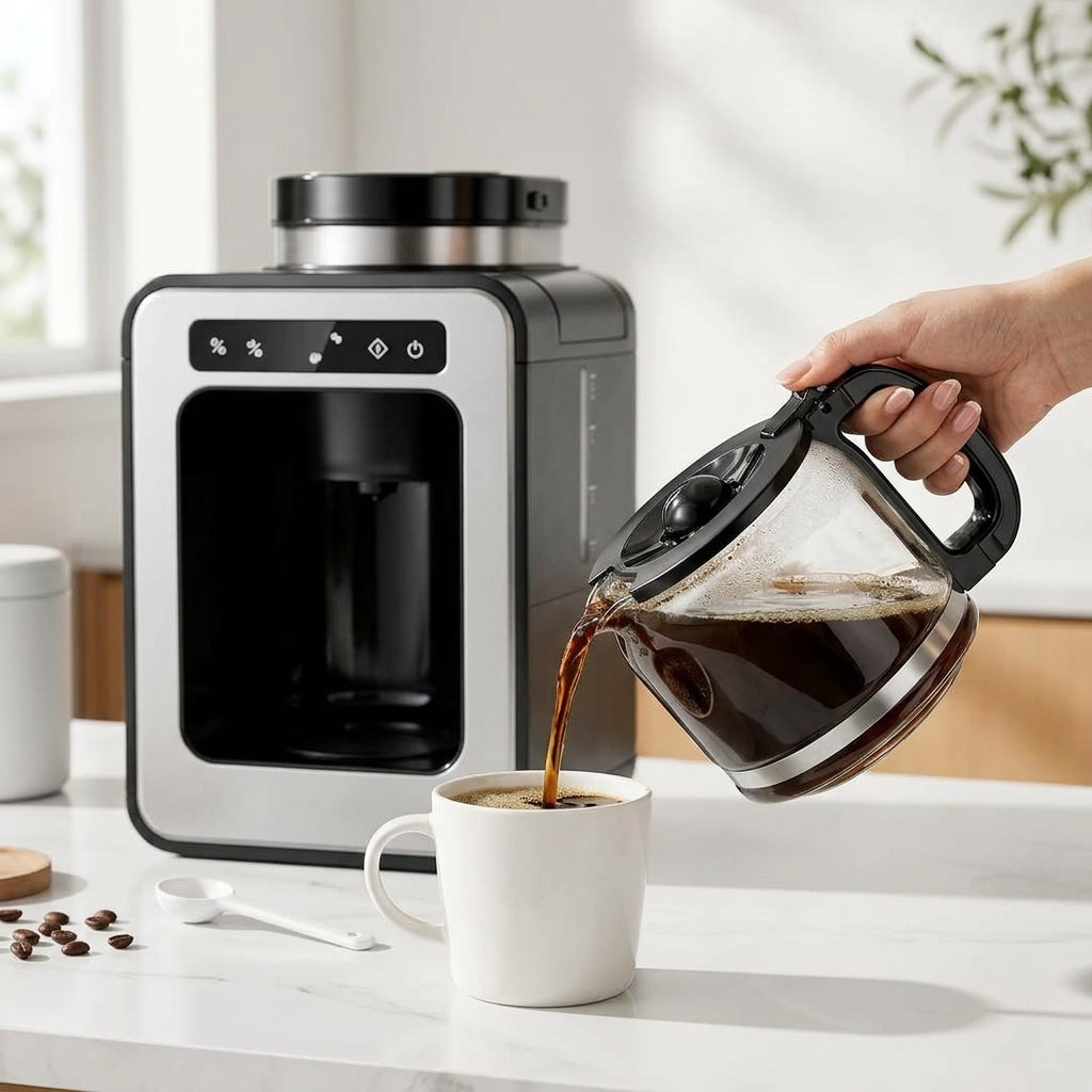 American-style Fully Automatic Coffee Maker – 600W, Insulated LCD Display, Built-in Grinder, Compact Design (6-10 Cups)