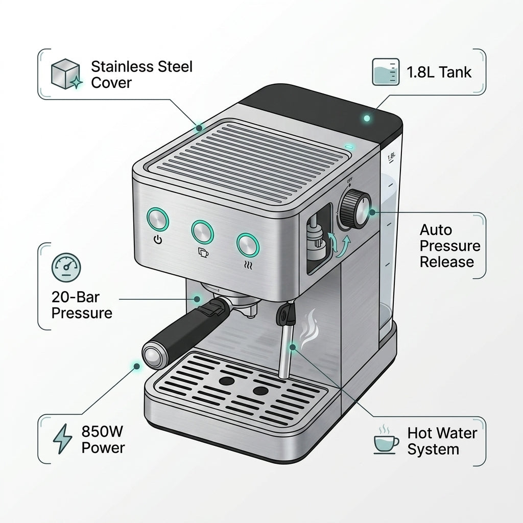 20 Bar S/S Cover Espresso Machine – 850W Manual Control with Auto Pressure Release & 1.8L Tank
