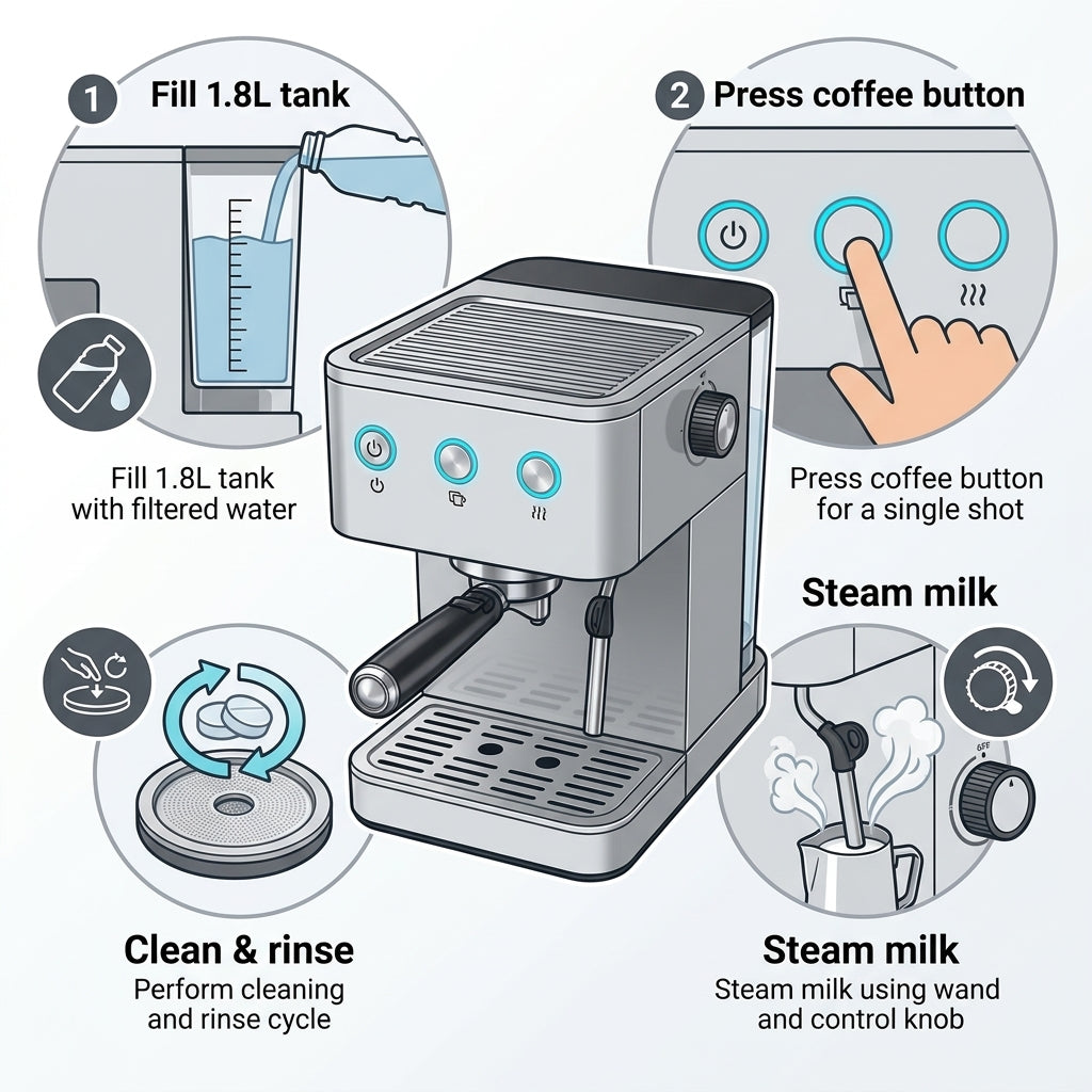 20 Bar S/S Cover Espresso Machine – 850W Manual Control with Auto Pressure Release & 1.8L Tank